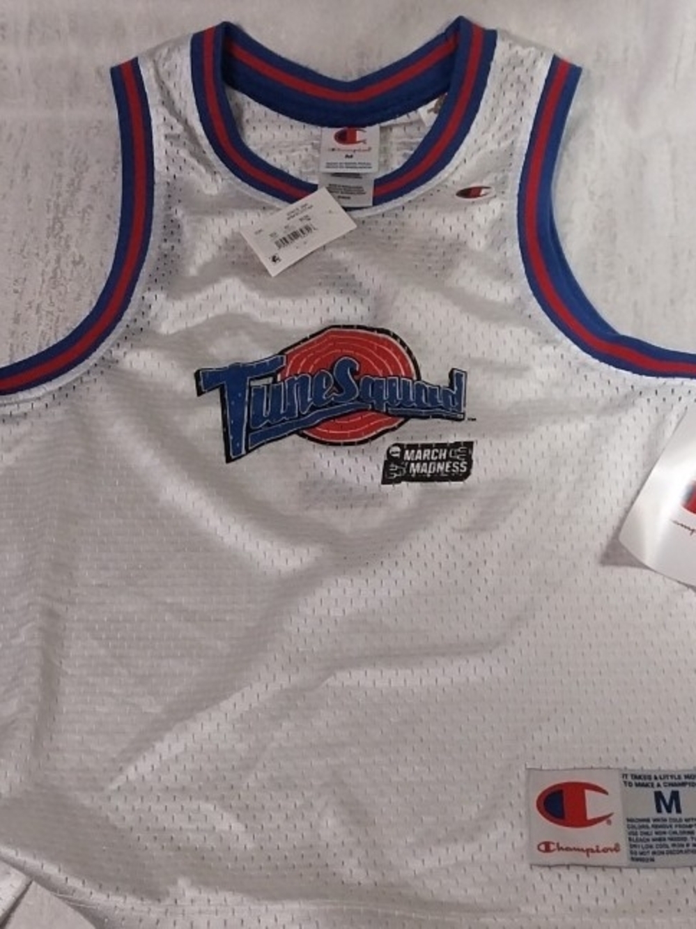 Champion White/Blue/Red Tune Squad Basketball Jersey Bugs #1 Kids M